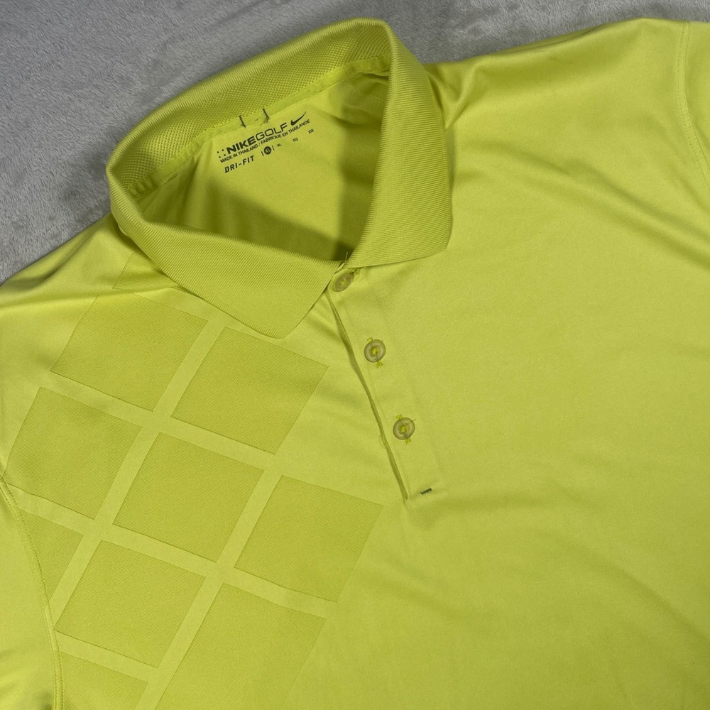 Nike Golf Polo Dri-FIT Mens XL Neon Yellow Geometric Grid Short Sleeve Shirt